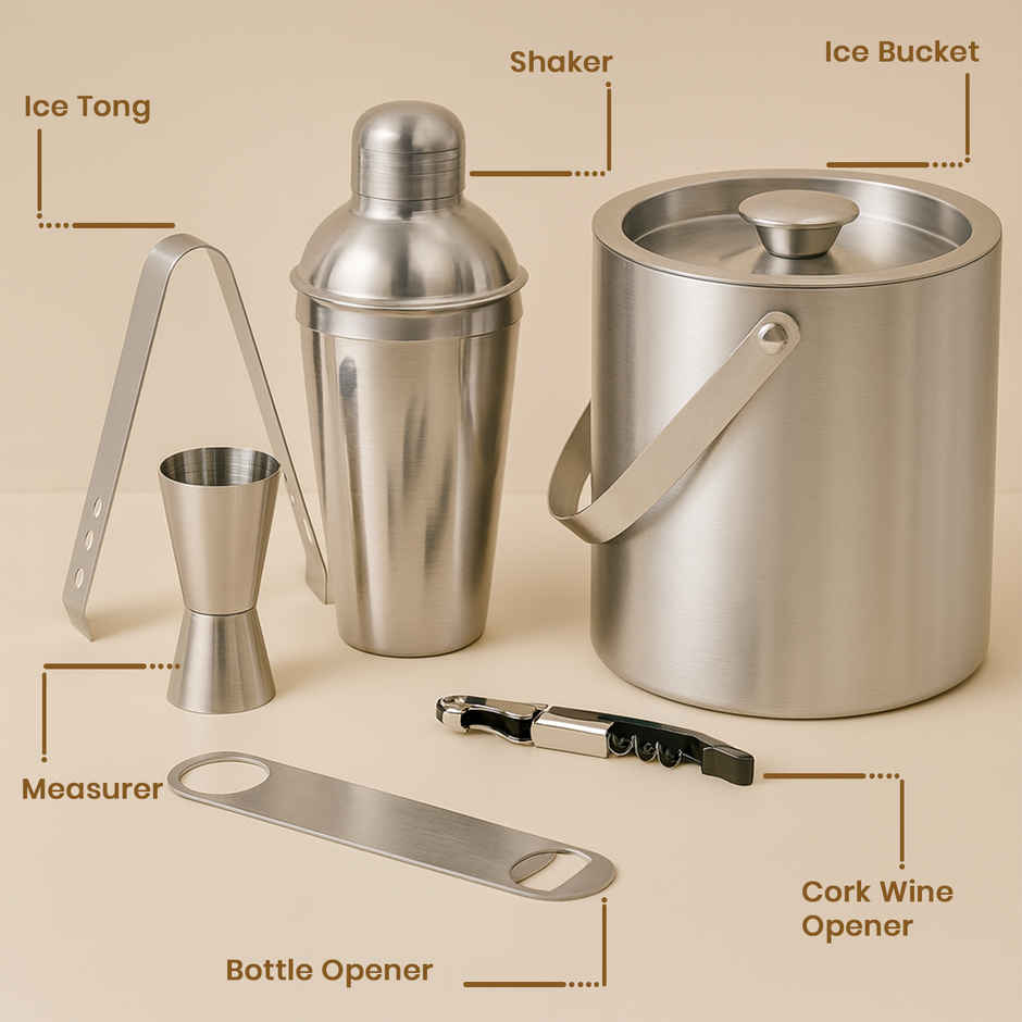 Picfest Complete Bar Set 6 Pc Shaker, Peg Measure, Wine Opener, Bottle Opener, Ice Tong, Ice Bucket