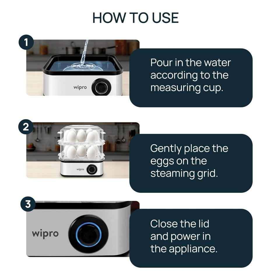 Wipro Elato BE201 4 in1 Multicooker 500 Watt - Boils up to 16 Eggs, Steam Rice, Poach Eggs, Cook Vegetables - 3 Boiling Modes, Concurrent Cooking - Silver