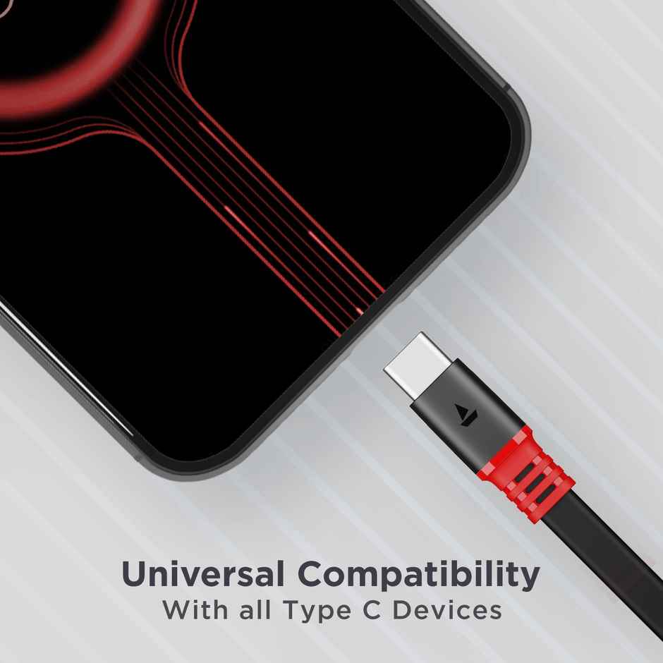 boAt Type C A750 6.5A Flat Super Fast Charging Cable w/Stress Resistance, Upto 65W/6.5Amp & Compatible w/Xiaomi, Oneplus, Samsung, Vivo, Oppo,480 Mbps Data Transmission Speed,1.5M - Rebellious Black