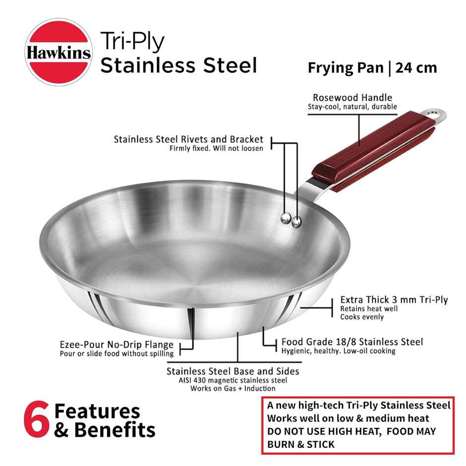 Hawkins 24 Cm Frying Pan, Triply Stainless Steel Fry Pan, Induction Frying Pan, Silver (Ssf24)
