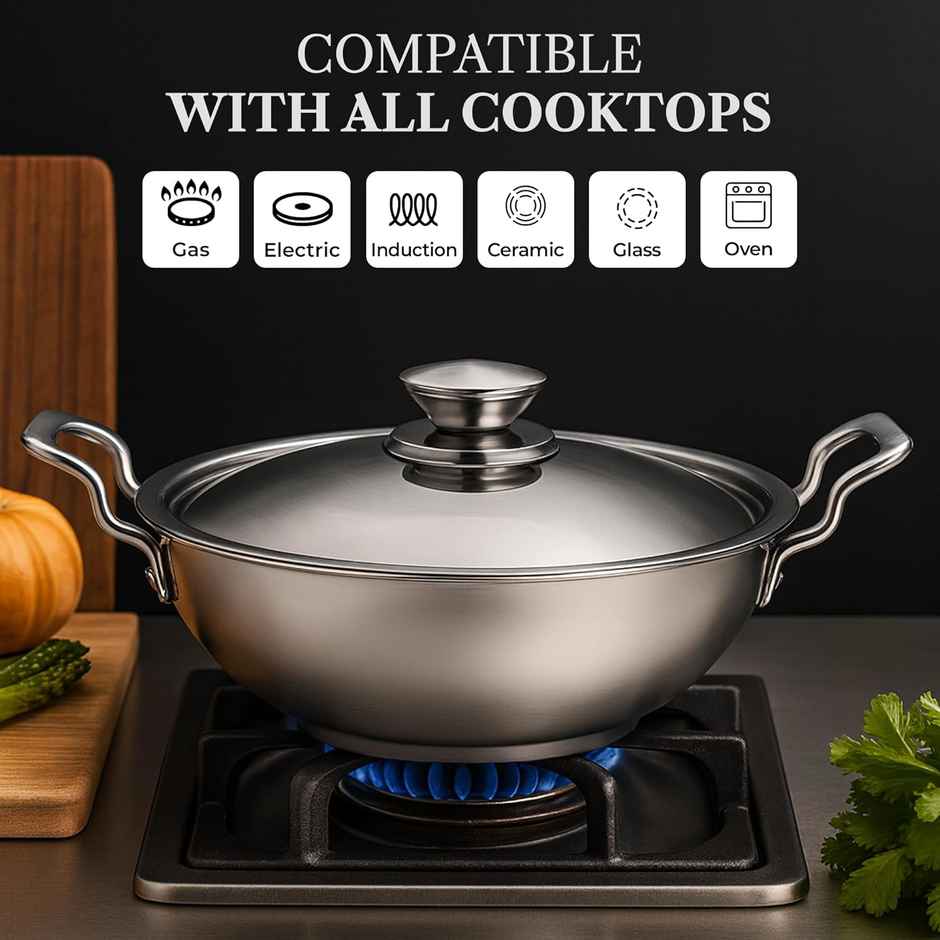Solara Sterra Stainless Steel Kadhai with Lid | 22 cm | 2.3 L