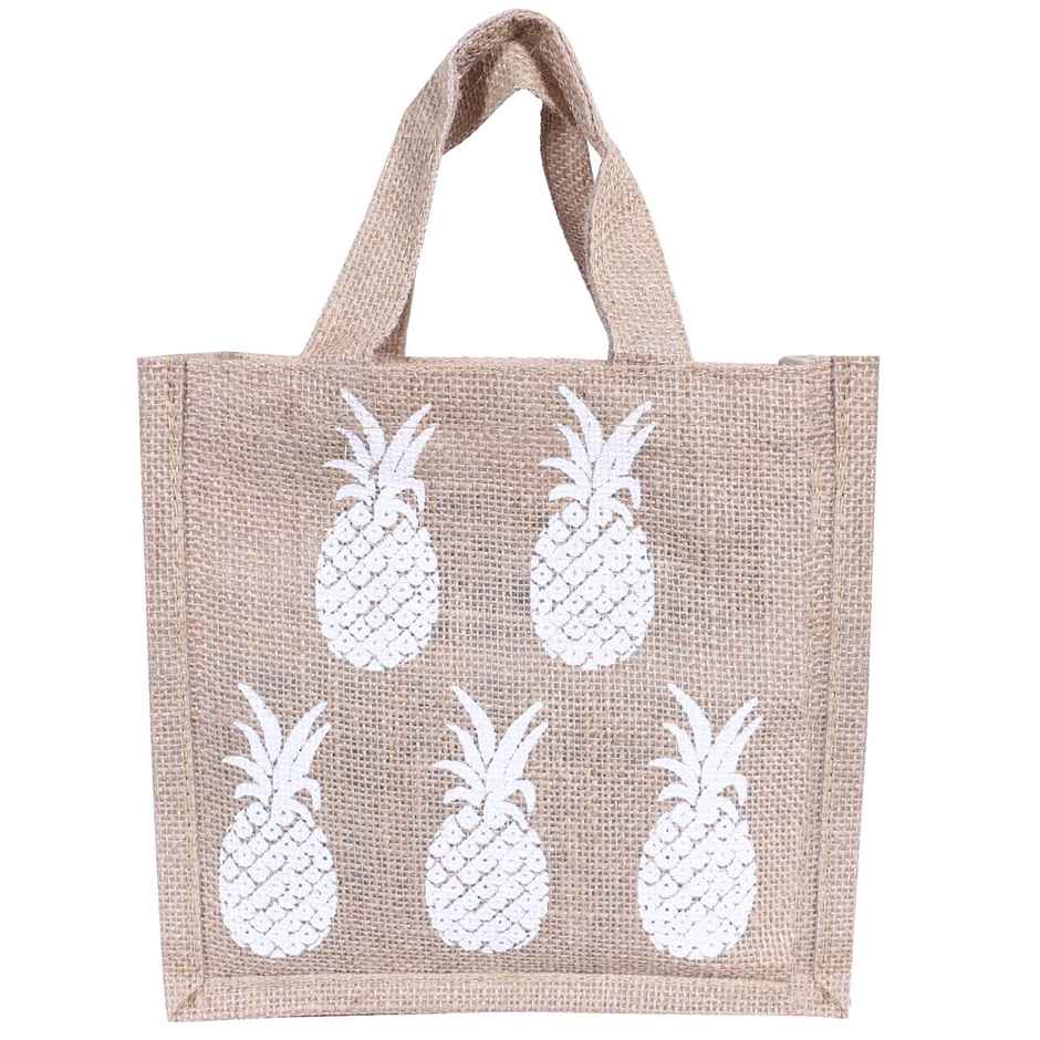 Kuber Industries Jute Fabric Pineapple Print Lunch Bag for Office |School |Gift (Brown)