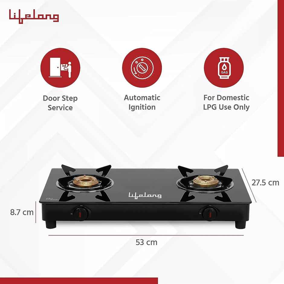 Lifelong 2 Burner Gas Stove Top -Automatic Ignition for Modular Kitchen| Compatible with LPG