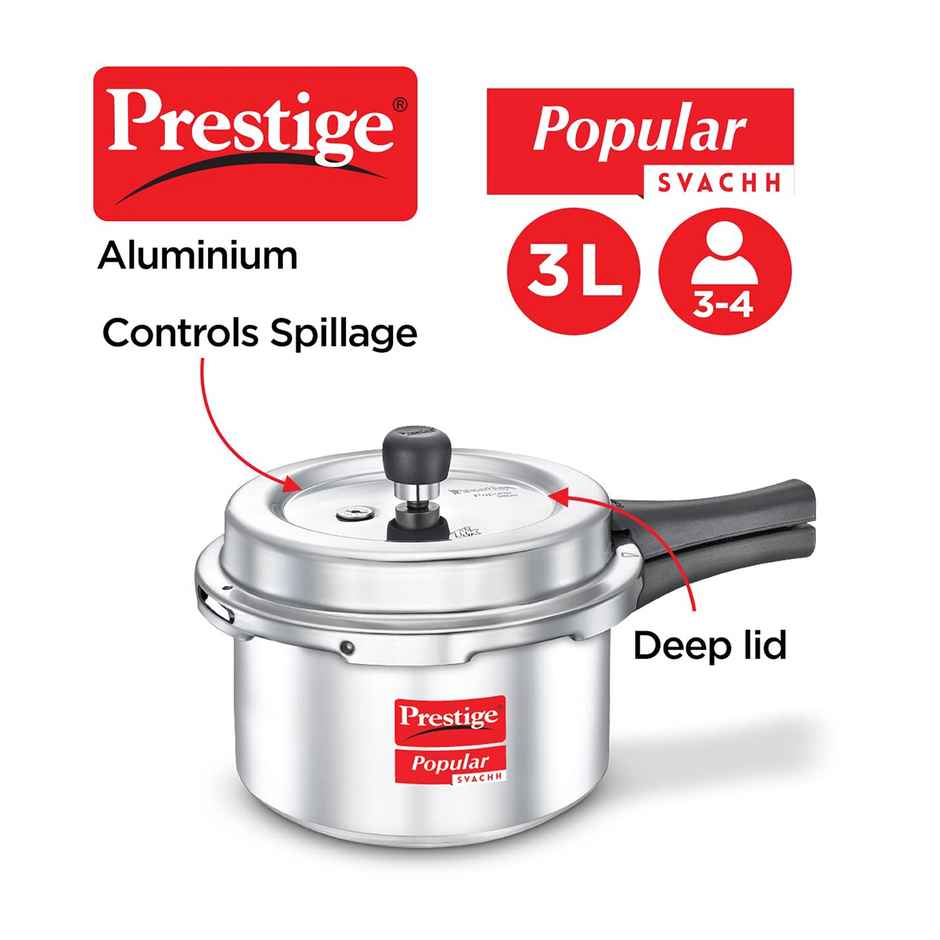 Prestige Popular Svachh Virgin Aluminium Spillage Control Pressure Cooker, 3 L (Silver)
