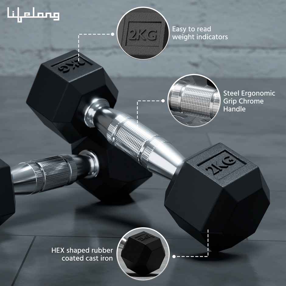 Lifelong Hex Rubber Coated Dumbbell Set (2 kg X 2) | Black | Home Workout | Fitness Barbell