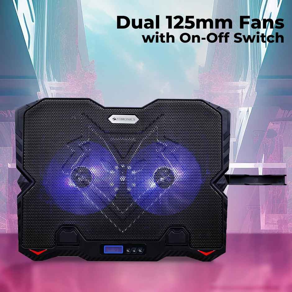 Zebronics NC5500D Powerful Laptop Cooler with Dual 125mm Fans, Silent Operation, Adjustable Fan Speed, Display, Controls, USB, 5 Step Retractable Stand and Mobile Holder - Black