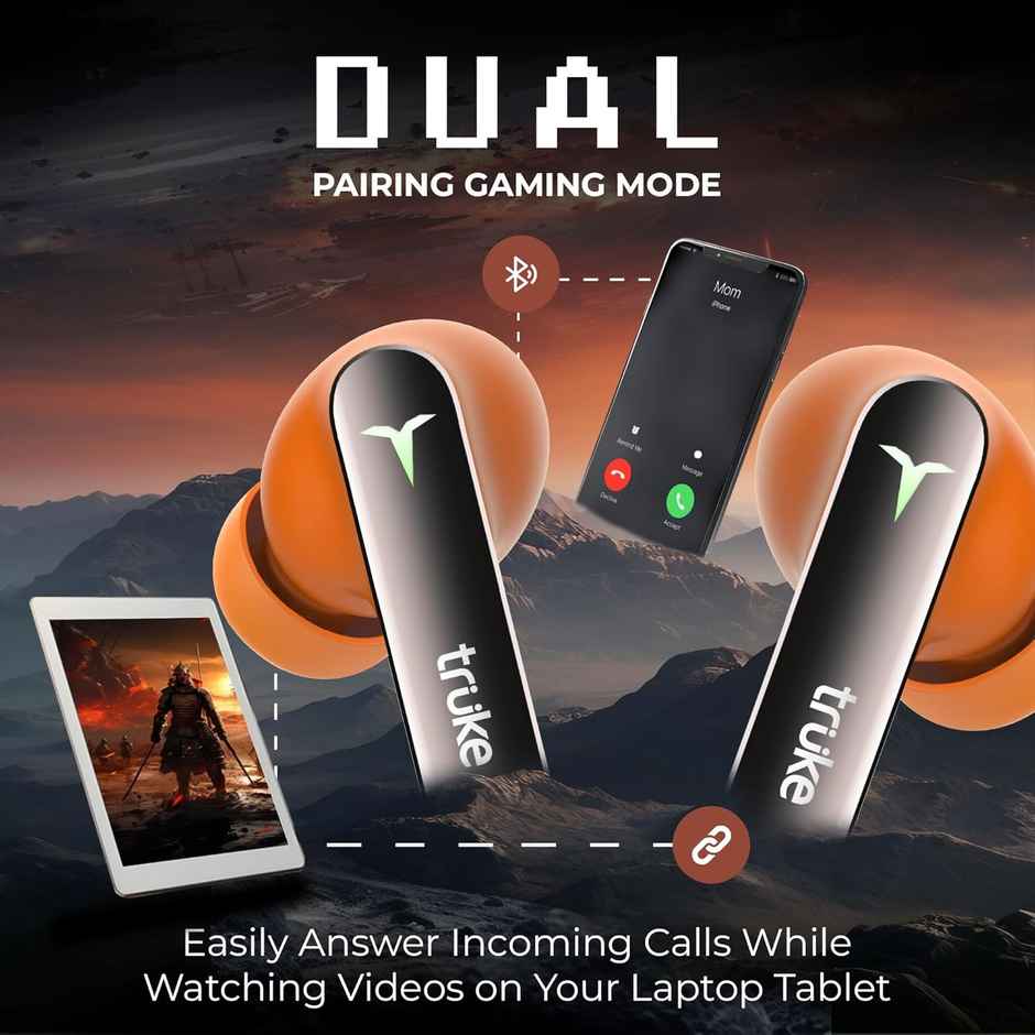 truke BTG Flex Truly Wireless Bluetooth Earbuds with Dual Pairing, 60H Battery- SunsetOrange