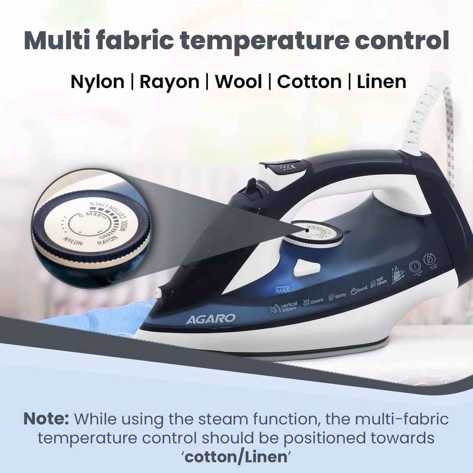 Agaro Royal Steam Iron 2000W Ceramic Coated Sole Plate 360 Degree Swivel Cord Anti-Calc 320 Ml Blue