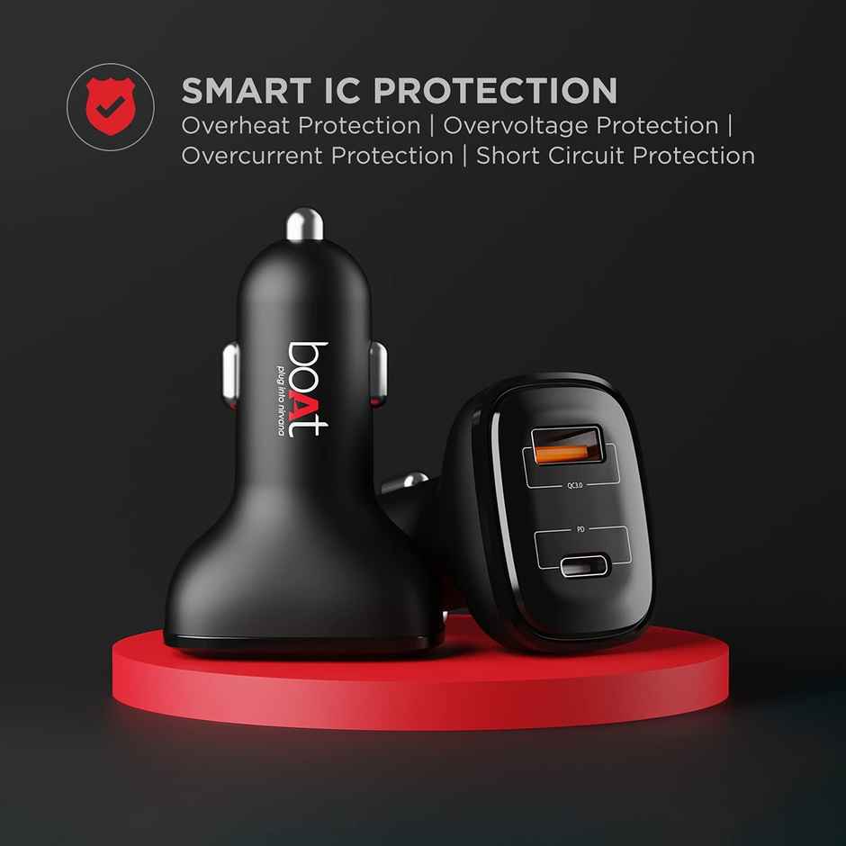 boAt Dual Port Qc-Pd 24W Fast Car Charger with 24W Fast Pd Charging & 18W Qc Charging Compatible with All Smartphones, Tablets & Laptops (Free Type C to Type C Cable) - Black