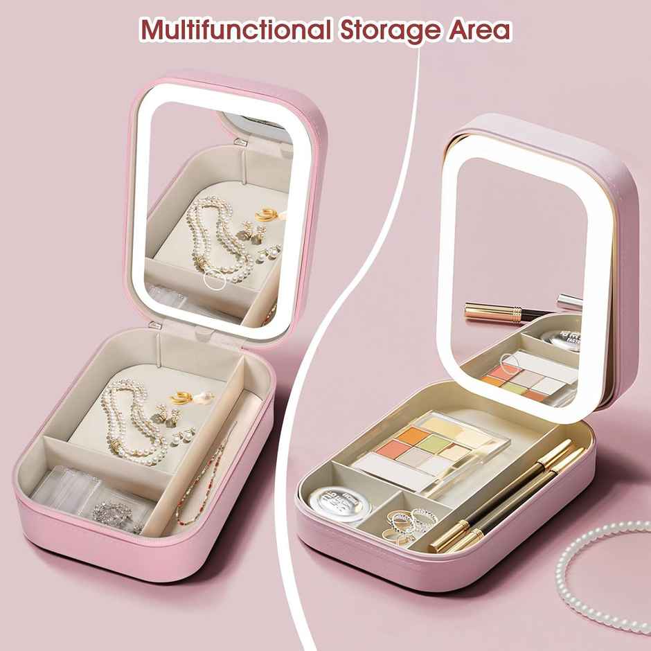 Perpetual Mart LED Lighted Makeup Mirror Jewelry Box | Portable Travel Organizer | Adjustable Lighting