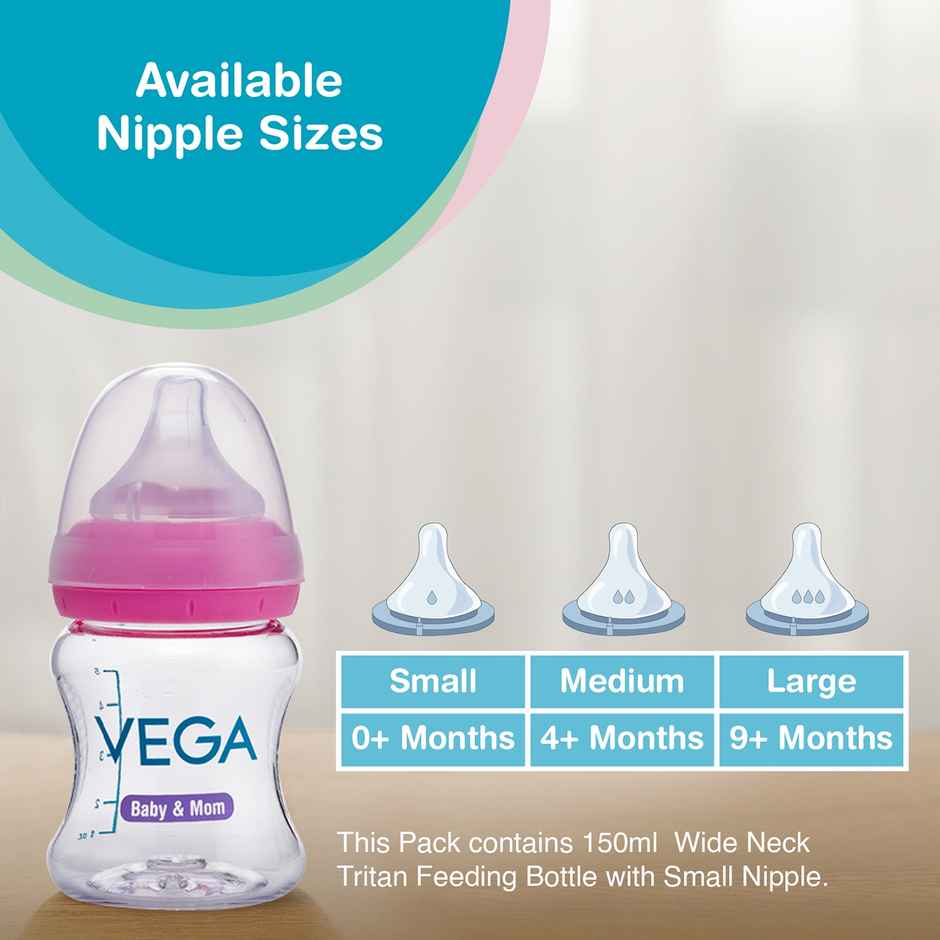 Vega Baby & Mom Tritan Feeding Bottle | 150 ml | Wide Neck - Pink | Bpa-Bps Free | Vbfb4-01