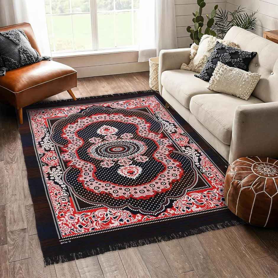 Kuber Industries Anti- Skid Carpet | 140 x 226 cm | Kalamkari Paisley Pattern | Black & Red
