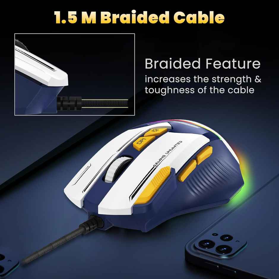 Ant Esports GM333 RGB Wired Ergonomic Gaming Mouse With 1.5M Braided Cable -Black,White,Yellow