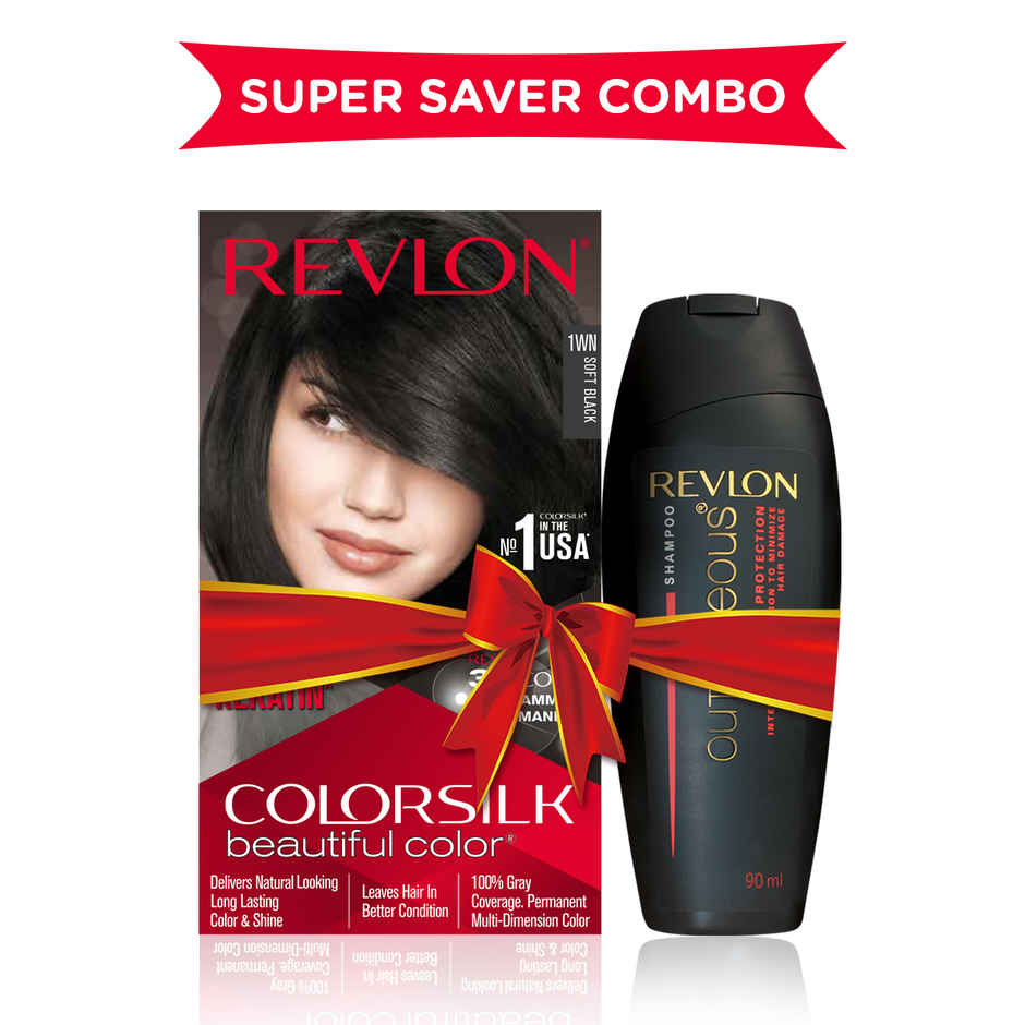 Revlon ColorSilk Hair Color with Keratin - 1WN Soft Black - (with Outrageous Shampoo 90 ml)