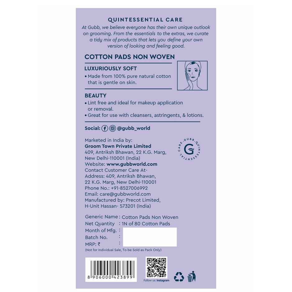 GUBB Cotton Pads | Non Woven - Pack Of 80