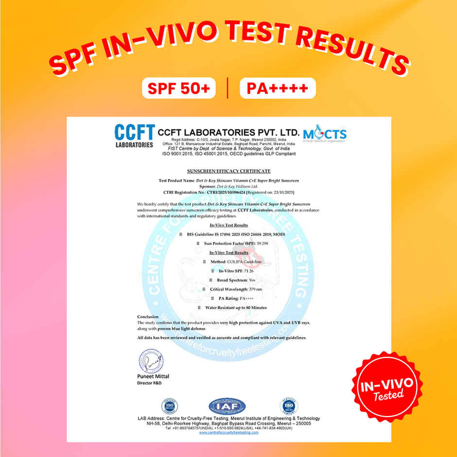 Dot & Key Vitamin C + E Face Sunscreen SPF 50 PA+++ For Glowing Skin, 100% No White Cast