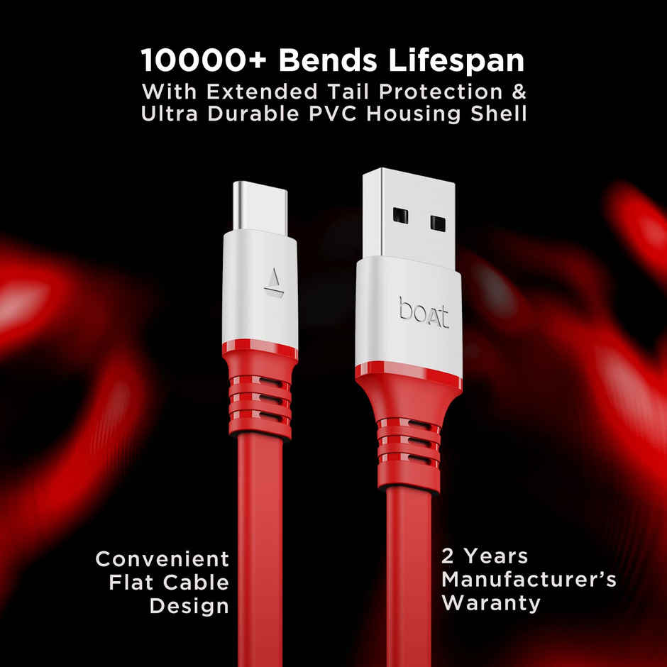 boAt Type C A750 6.5A Flat Super Fast Charging Cable w/Stress Resistance, Upto 65W/6.5Amp & Compatible w/Xiaomi, Oneplus, Samsung, Vivo, Oppo, 480 Mbps Data Transmission Speed,1.5m - Radiant Red