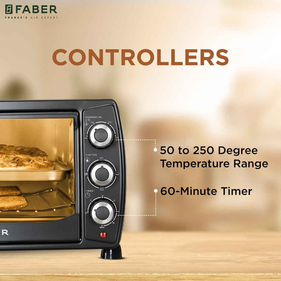 Faber 20L 1400 Watts OTG | 4 Stage Functions, Upper & Lower Heating | Indicator Light, Auto-Shut | Black