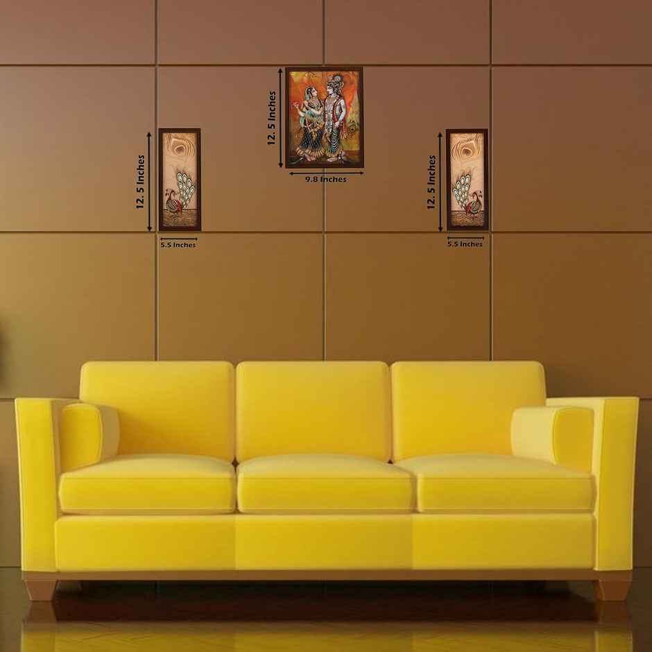 Indianara Set of 3 Radha Krishna Framed Art Painting without glass 6 X 13, 10.2 X 13, 6 X 13 Inch
