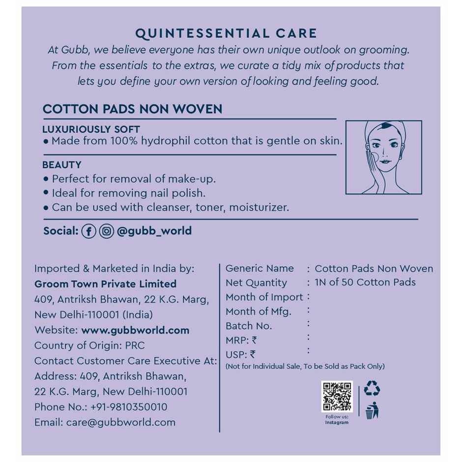 GUBB Cotton Pads | Non Woven - Pack Of 80