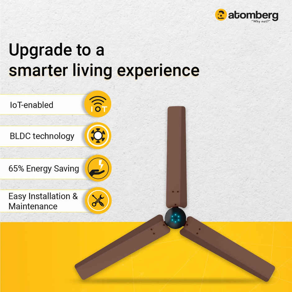 Atomberg Renesa Smart BLDC Ceiling Fan, 1200mm, with IoT & Remote, LED Indicators, Brown & Black