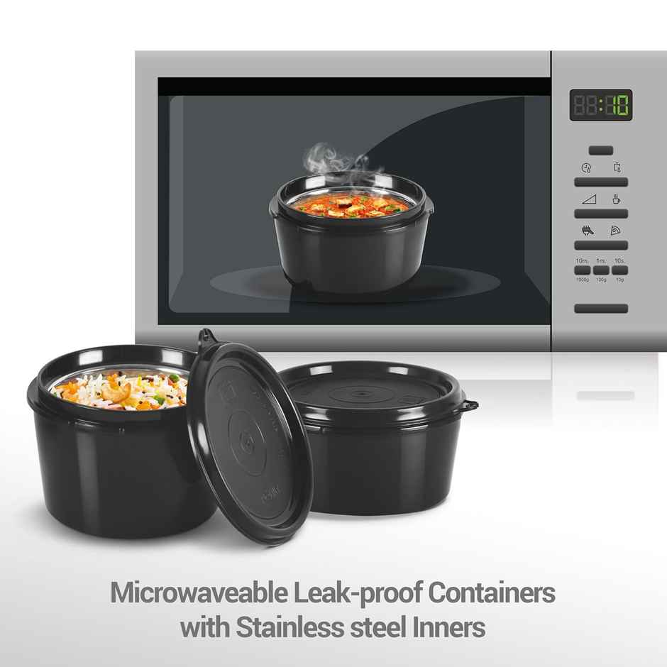 Milton Lofty Tiffin | 3 Microwave Inner Steel Containers |1 x 320 ml |2 x 450 ml Each | Navy Blue