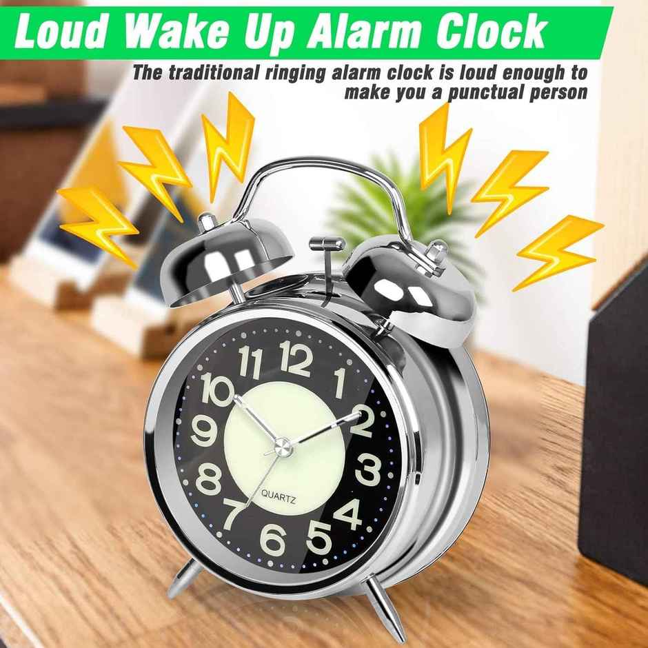 Perpetual Alarm Analog Clock | Non-Ticking Quartz with Backlight | Neon Silver - 11.4 cm