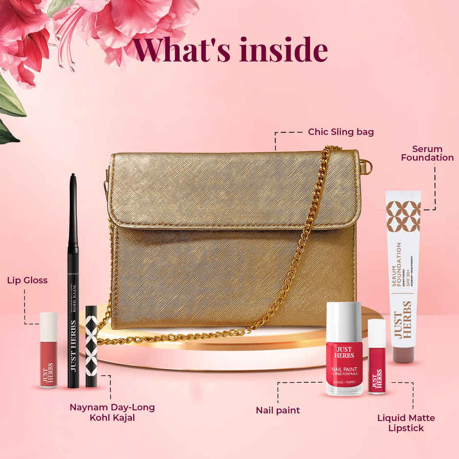 Just Herbs Naturally Chic Makeup Hamper Gift Set with Sling Bag | Complete 5 in 1 Makeup Essentials