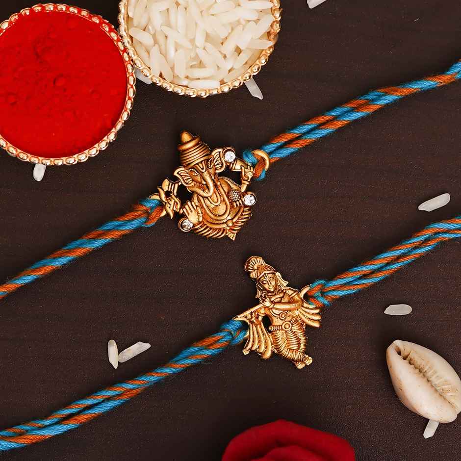 Religious Blue, Orange & Golden Rakhi | Krishna & Ganesha with Roli Chawal | Pack of 2 | Ecraftindia