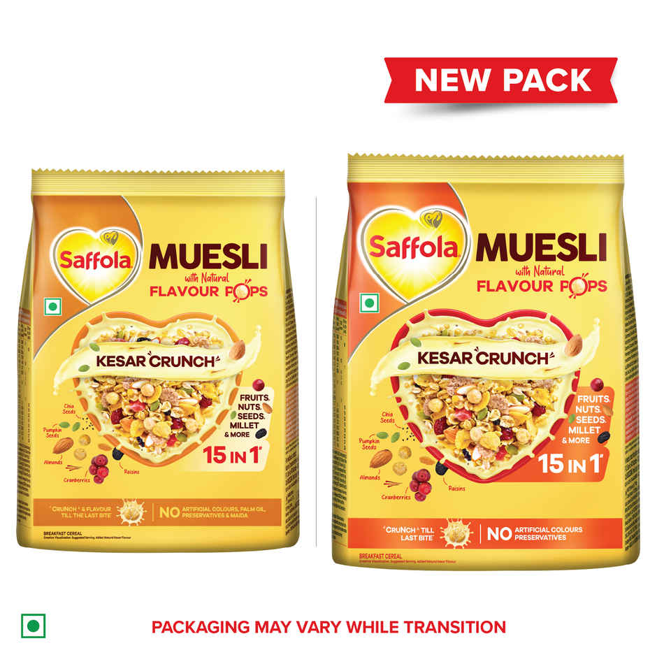 Saffola Muesli Kesar Crunch With Flavour Pops 15 In 1 Fruit And Nuts