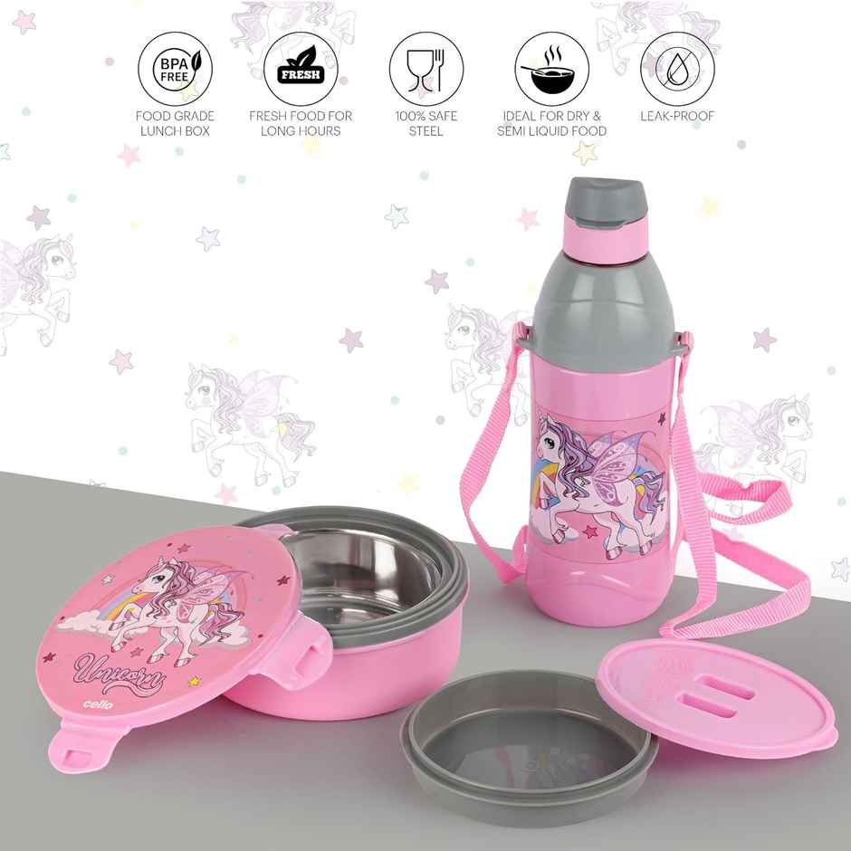 CELLO Tiffy Unicorn Gift Set Insulated Lunch Box & Bottle | Box 460 ml Bottle 400 ml, Pink & Grey