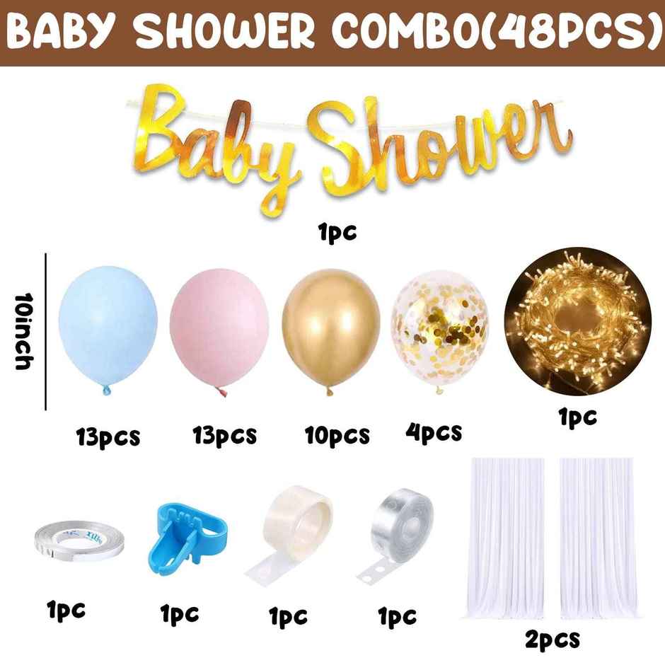 Baby Shower Decoration Items | White Net Curtain, Fairy Lights, Foil Banner, Balloons | Party Propz