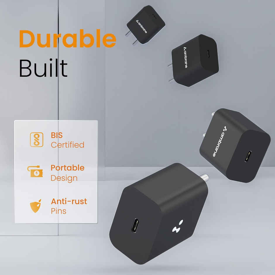 Ambrane 25W Type C Mobile Adapter, Fast Pps Type C Charging For Android & Ios (Charge 25, Black)