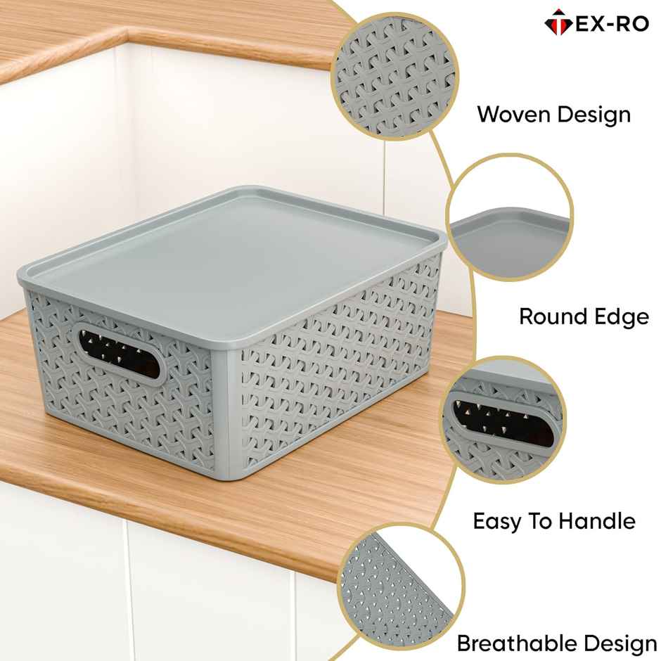 Tex-Ro Plastic Woven Design Side Handle Multipurpose Storage Basket with Lid | Pack of 3