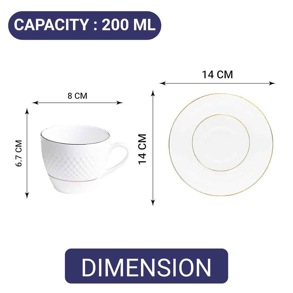 Femora Double Gold Line Diamond Cut White Ceramic Tea Cup Set With Saucer 200 ml, 2 Cups, 2 Saucers