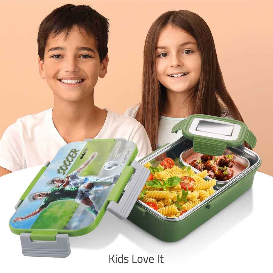 SignoraWare Nugget Printed Steel Lunch Box | 700ml+130ml | Kids Box | Airtight | Leakproof | Green