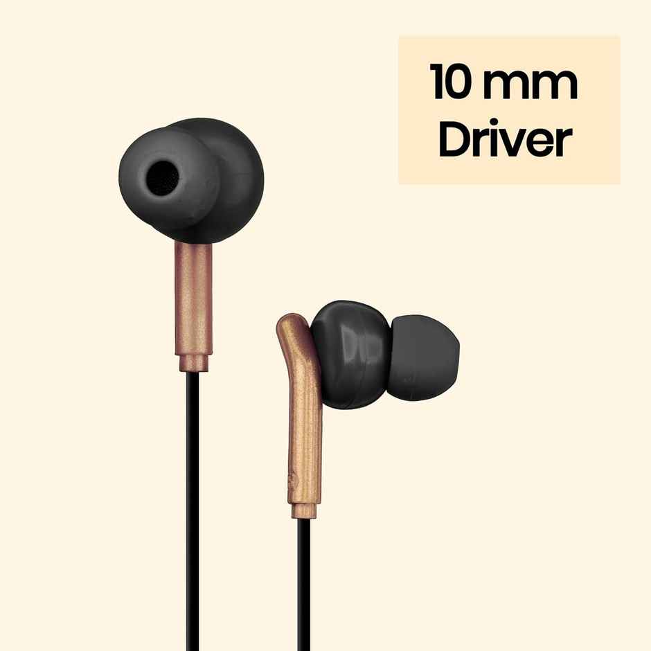 Zebronics Bro in Ear Wired Earphones with Mic, 3.5mm Audio Jack, 10mm Drivers, Phone/Tablet Compatible - Black & Gold