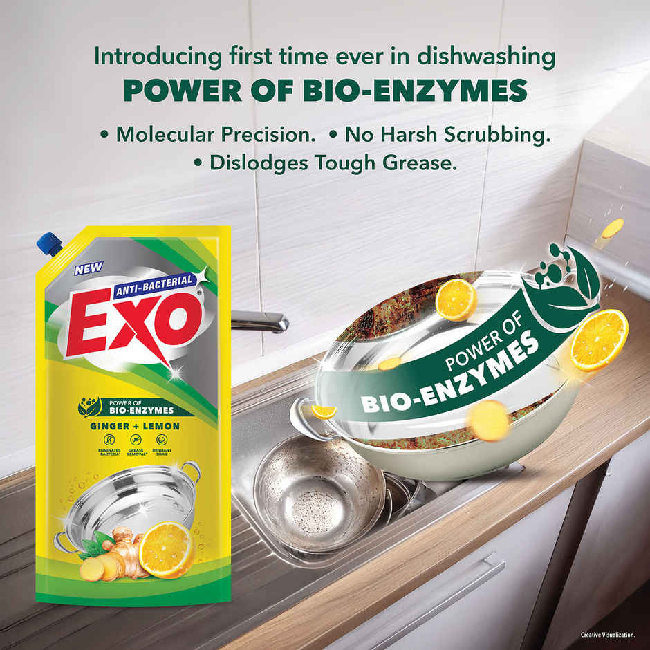 Exo Ginger & Lemon Anti Bacterial Dishwash Liquid | Tough Grease Removal with Power of Bio-Enzymes
