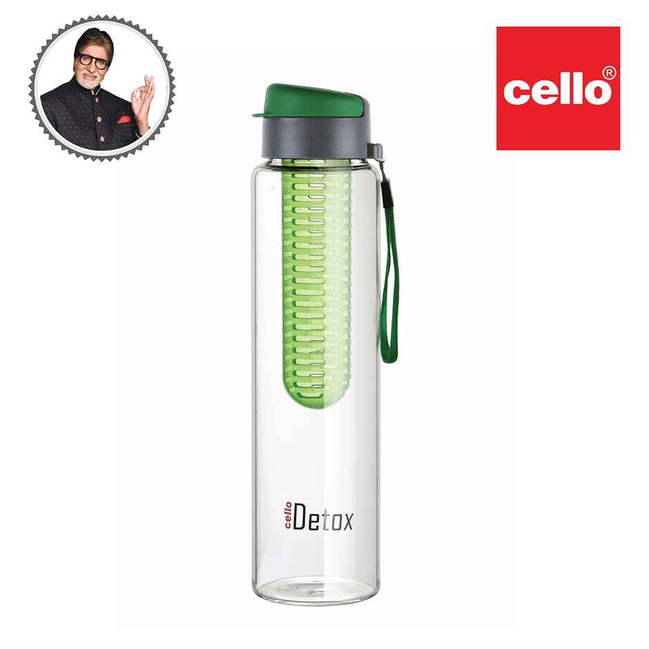 Cello Detox Fruit & Tea Infuser Glass Water Bottle | Wide Cap Sealed With Flip Top | Green | 750 ml
