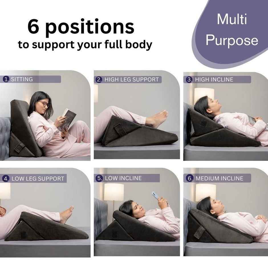Wakefit Advanced Wedge Pillow Prevents Acid Reflux & Snoring Washable Velvet Cover | Charcoal Grey