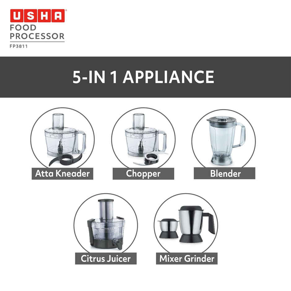 Usha Food Processor 3811 | 1000W Copper Motor | 3 Jars | Centrifugal Juicer | SS Finish - Black