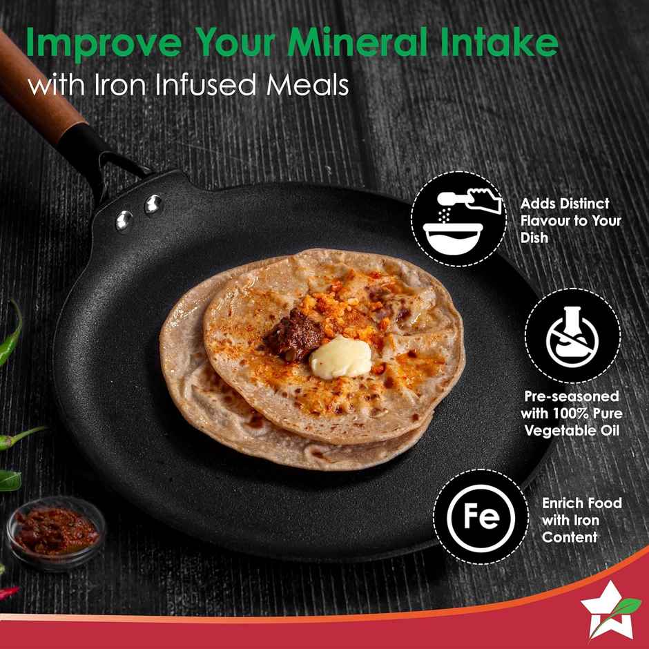 Wonderchef Pre-Seasoned Ferro Light 28Cm Dosa Tawa | 4Mm | Acacia Wooden Handles