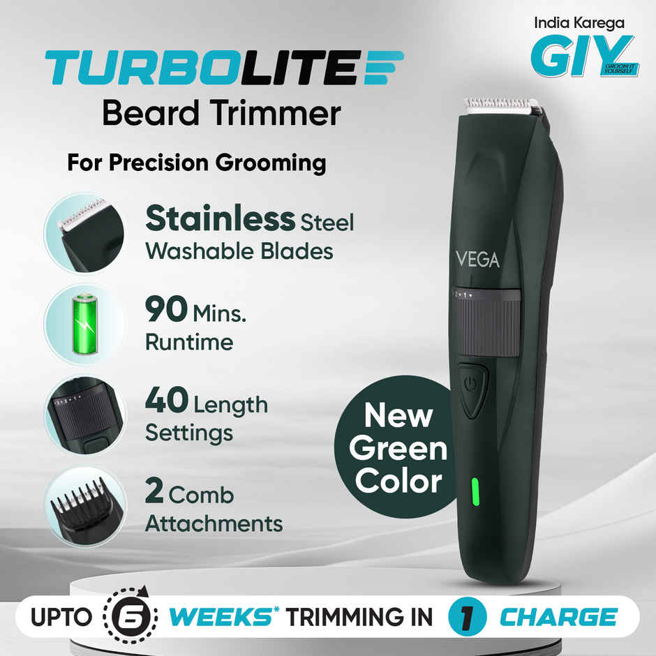 VEGA Turbolite Beard Trimmer for Men with 90 Min Runtime (VHTH-41) | USB Type C | 2 Comb Attachment