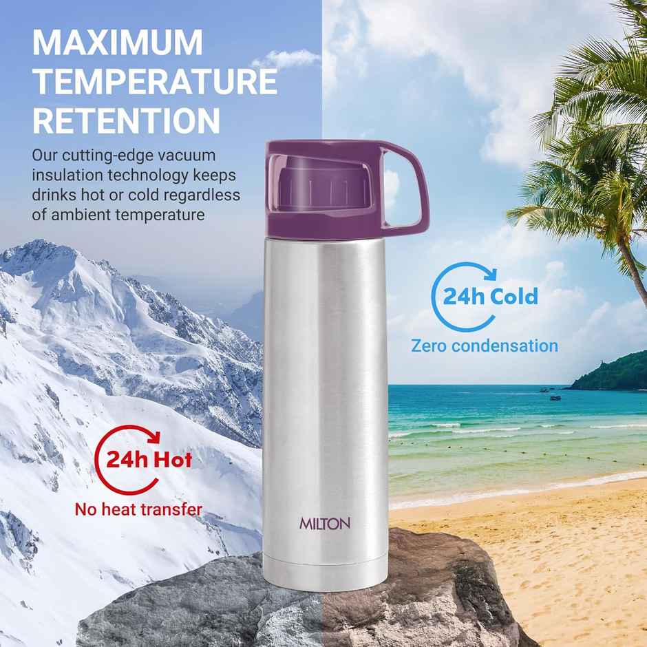 Milton Glassy Thermosteel 24 Hours Hot And Cold Water Bottle With Drinking Cup Lid | 1 L | Purple