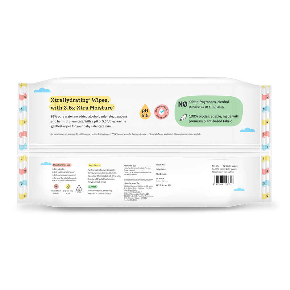 SuperBottoms 99% Pure Water Baby Wipes(72 pcs), 5.5 pH Formula, Skin-Friendly Soft Wet Wipes