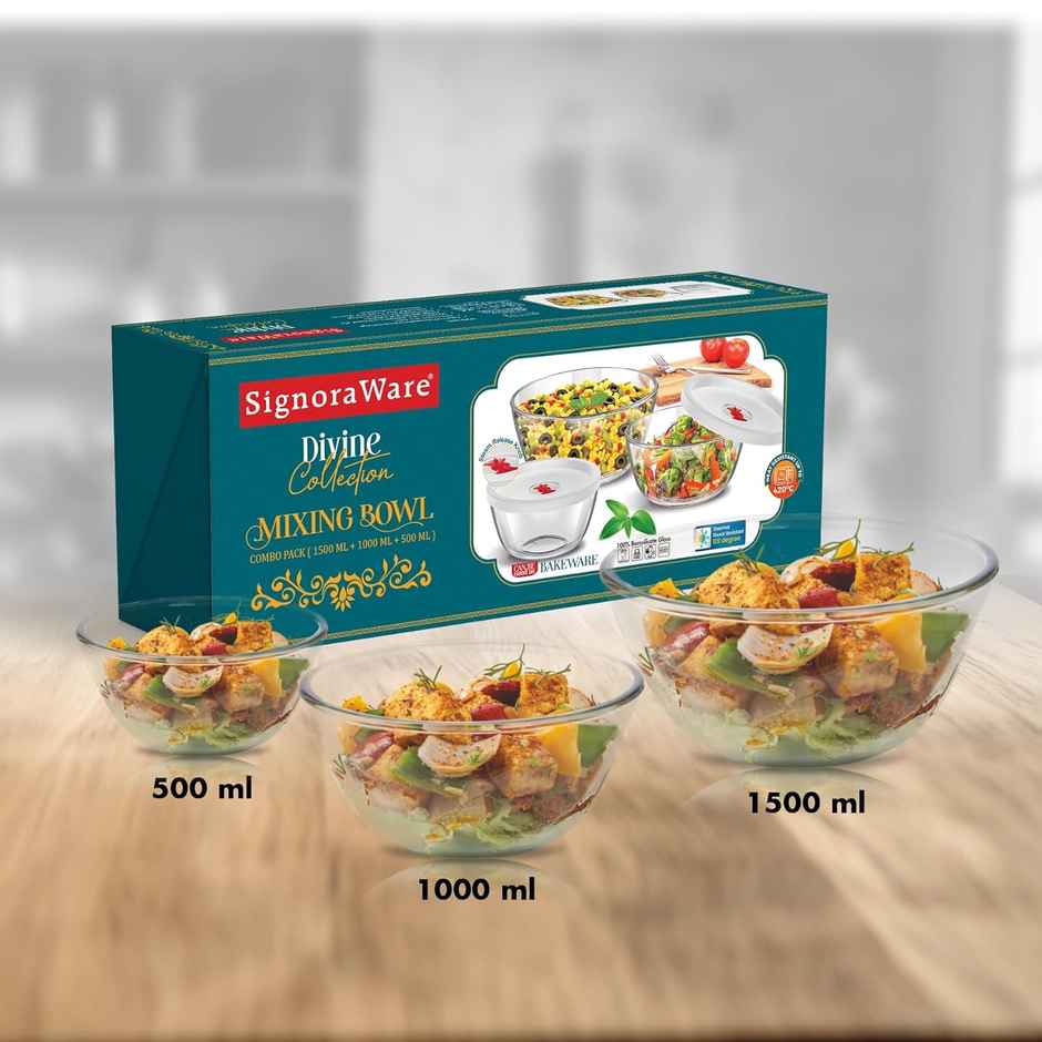 SignoraWare Mixing Bowl Borosilicate Glass, Set/3, 500Ml+1000Ml+1500Ml, 1208Clear