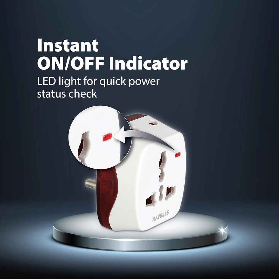 Havells Heavy Duty Nickel Plated Brass Rated with 6A, 240 V AC 2 Pin Universal Adaptor LED Indicator, Flame Retardant and UV Stabilized for Safety Assurance from Catching Fire - White