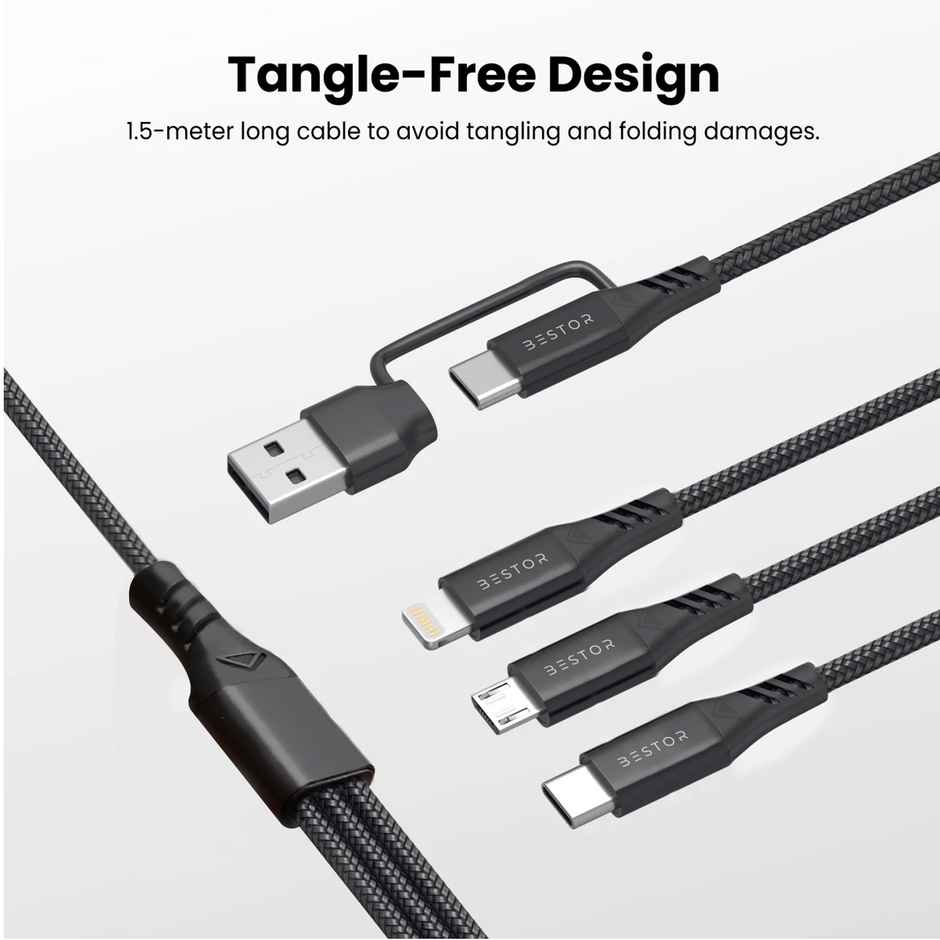 Bestor 60W USB C Multi Fast Charging Cable Nylon Braided Cord 5-in-1 3A USB/C to Type C/Micro/Phone Fast Sync Charger Cable Compatible with Laptop/Tablet/Phone (1.5 M) - Black