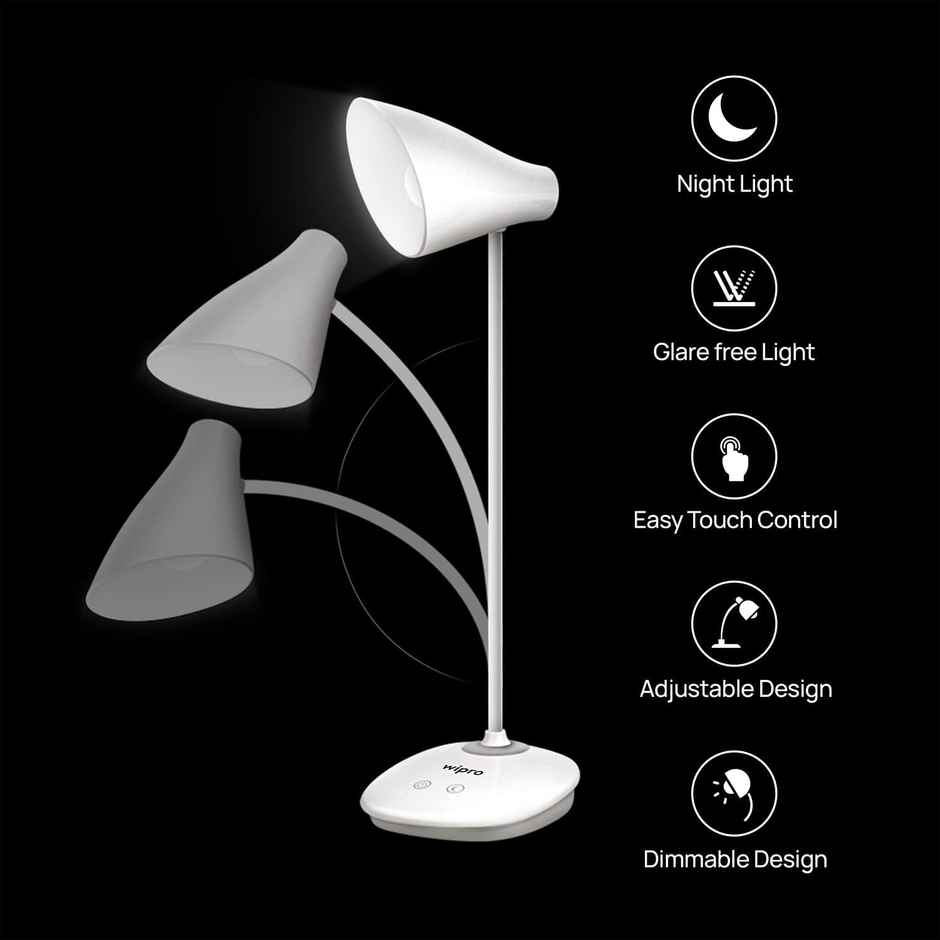 Wipro Aries 6W Rechargeable Led Table Lamp- 3 Grade Dimming and Night Light