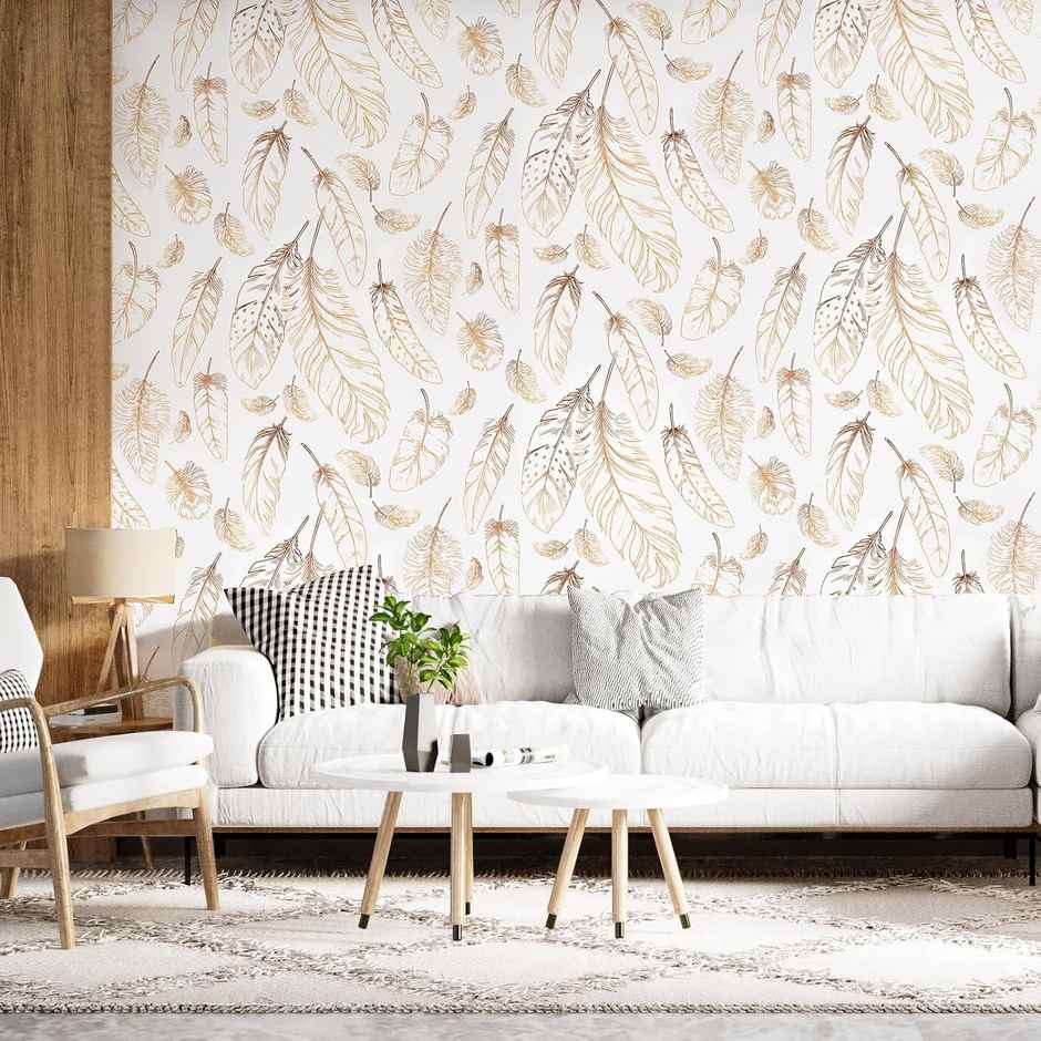 Wollzo Golden Feather Wallpaper Self Adhesive Peel and Stick Wall Decor 45 x 500 cm